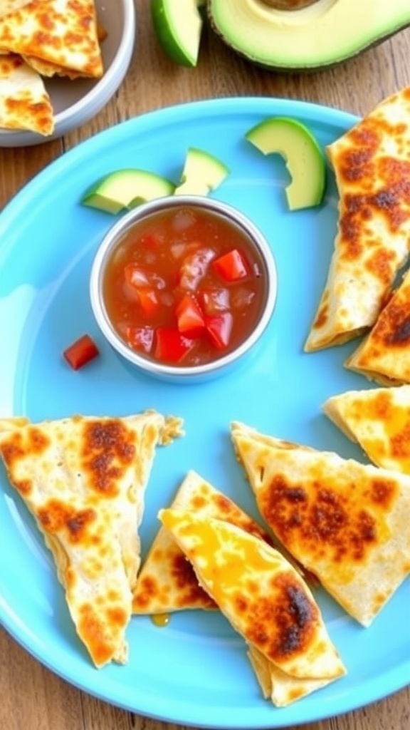 Cheesy chicken quesadilla wedges on a plate with salsa and avocado, ideal for toddlers.